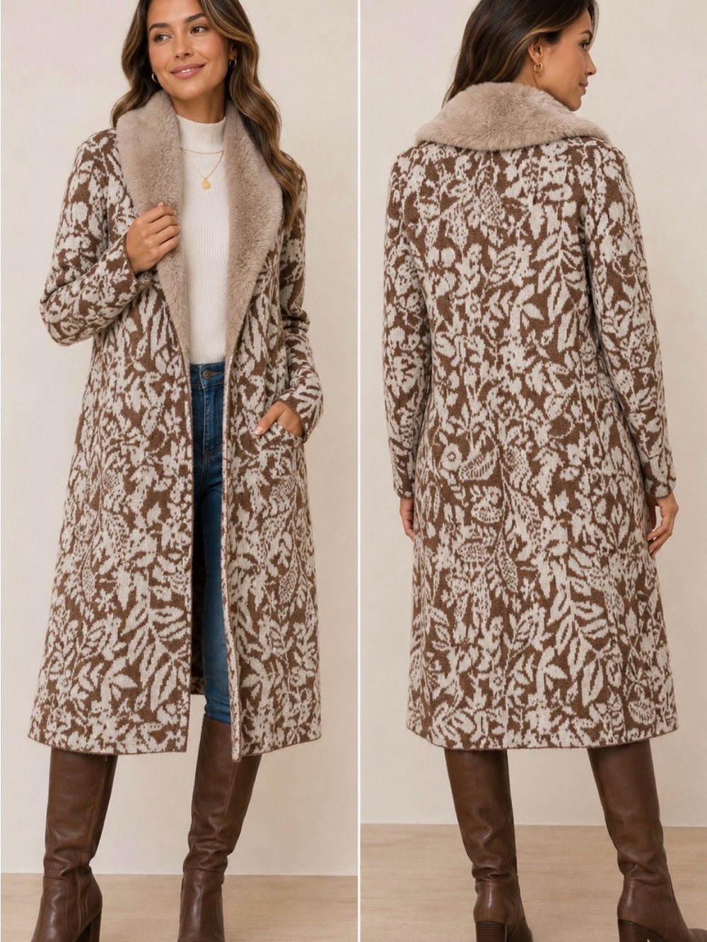 Happily Grey Brown Floral Jacquard Faux Fur Collar Duster Cardigan S